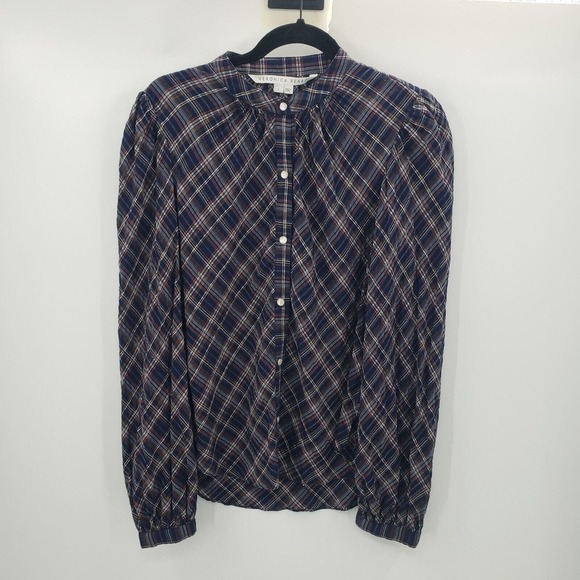 Veronica Beard Ashlynn Plaid Button Up Blouse Womens Size 4 Blue Pearl Snap - Picture 14 of 14